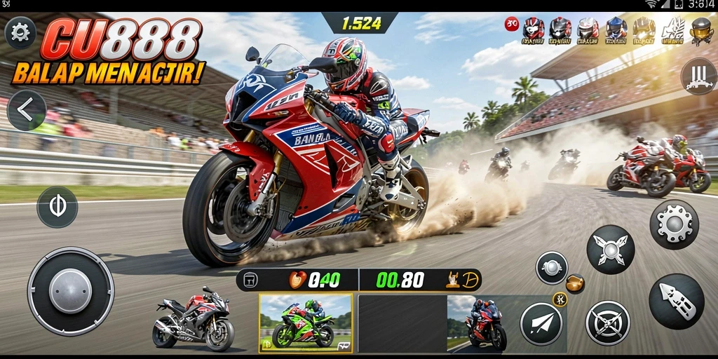 Screenshot gameplay CU888 menunjukkan aksi balap motor yang mendebarkan.