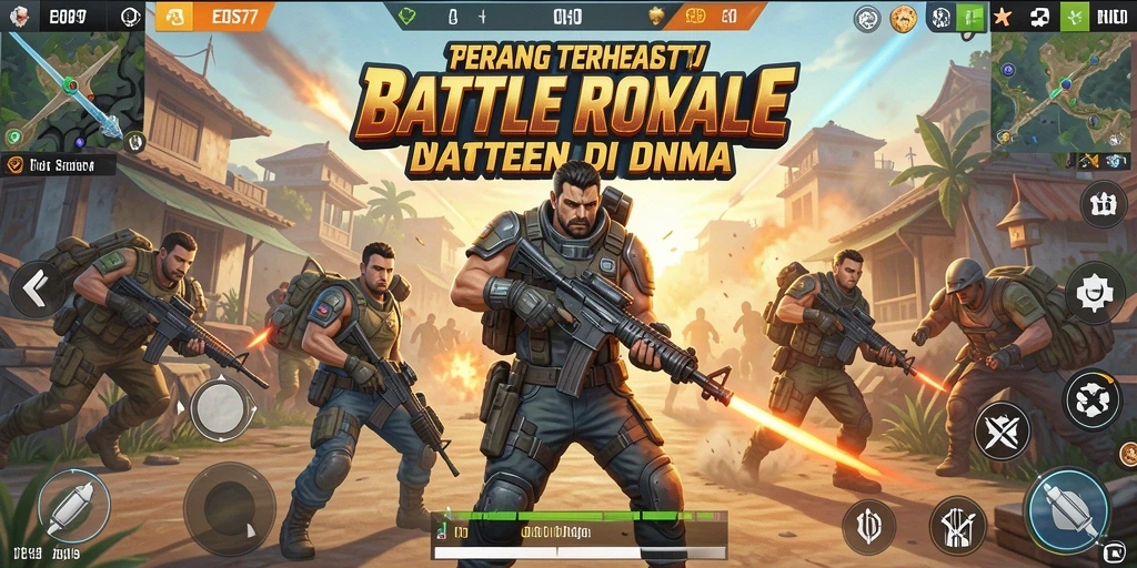 Screenshot utama menunjukkan aksi intens gameplay Battle Royale di EOS77.