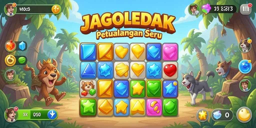 Tangkapan layar utama JAGOLEDAK menampilkan gameplay Match-3 yang seru.