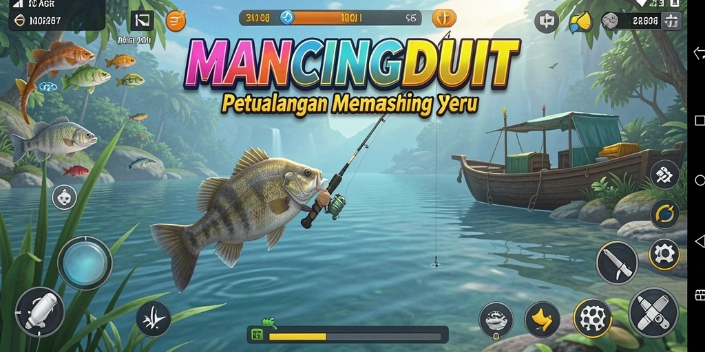Screenshot gameplay MANCINGDUIT menunjukkan aksi memancing di danau yang indah.