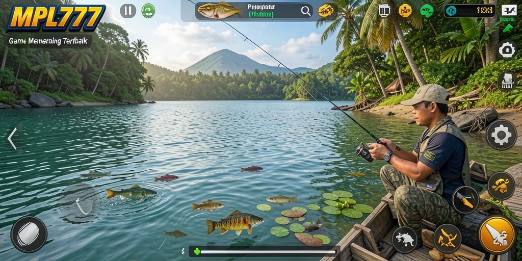 Tampilan gameplay seru dengan berbagai jenis ikan di lautan.