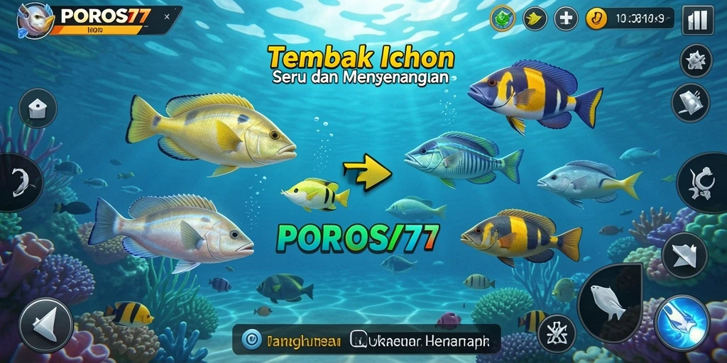 Screenshot POROS77 menampilkan aksi seru menembak ikan di laut.