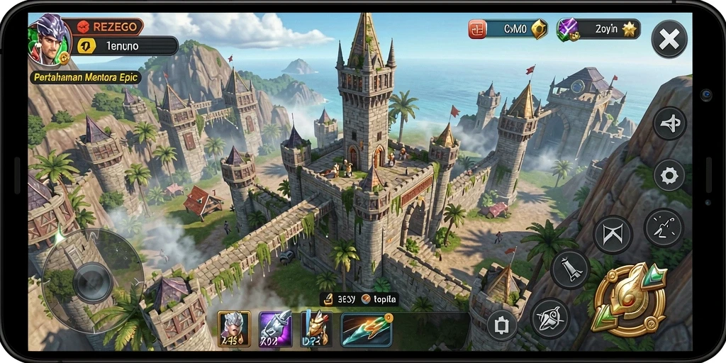 Tangkapan layar gameplay <strong>REZEGO</strong> menampilkan pertempuran menara yang mendebarkan.