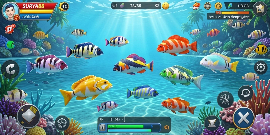 Tampilan gameplay seru dalam SURYA88 saat menangkap ikan.